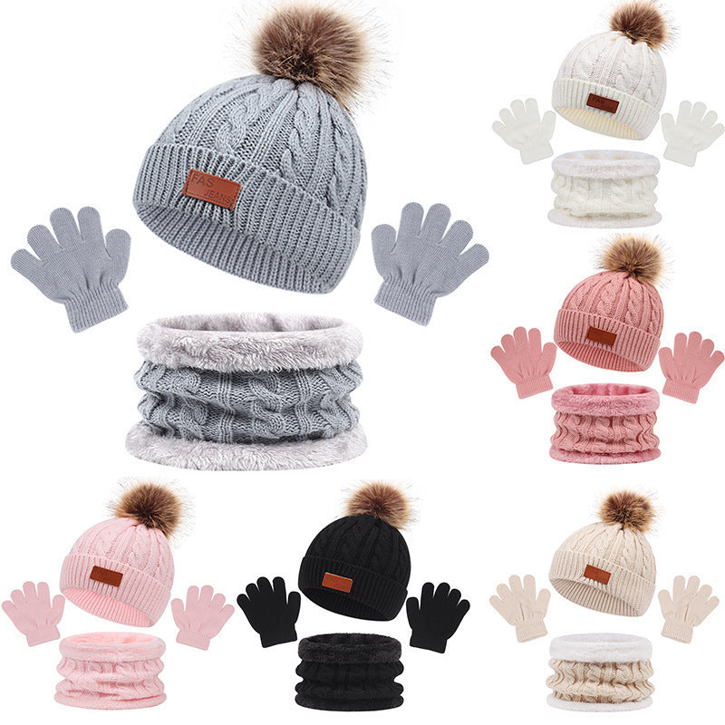 Ensemble bonnet à pompon, gants et tour de cou en maille pour enfant
