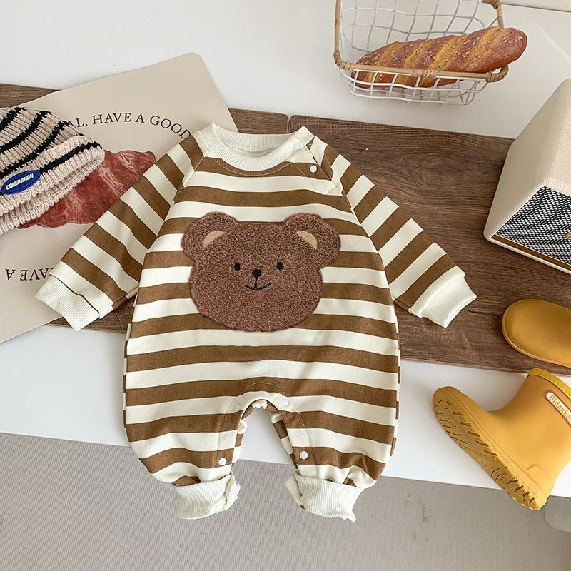 Combinaison à rayures marron et motif ours pour bébé garçon