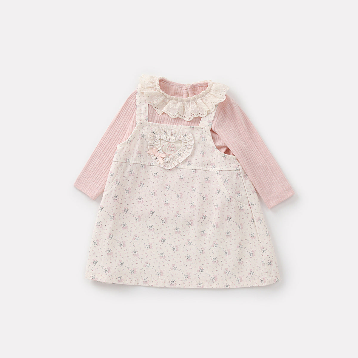 Ensemble robe salopette fleurie et d'une blouse rose pour bébé fille