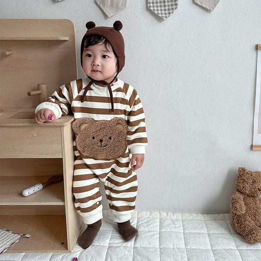 Combinaison à rayures marron et motif ours pour bébé garçon