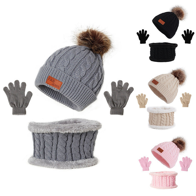 Ensemble bonnet à pompon, gants et tour de cou en maille pour enfant