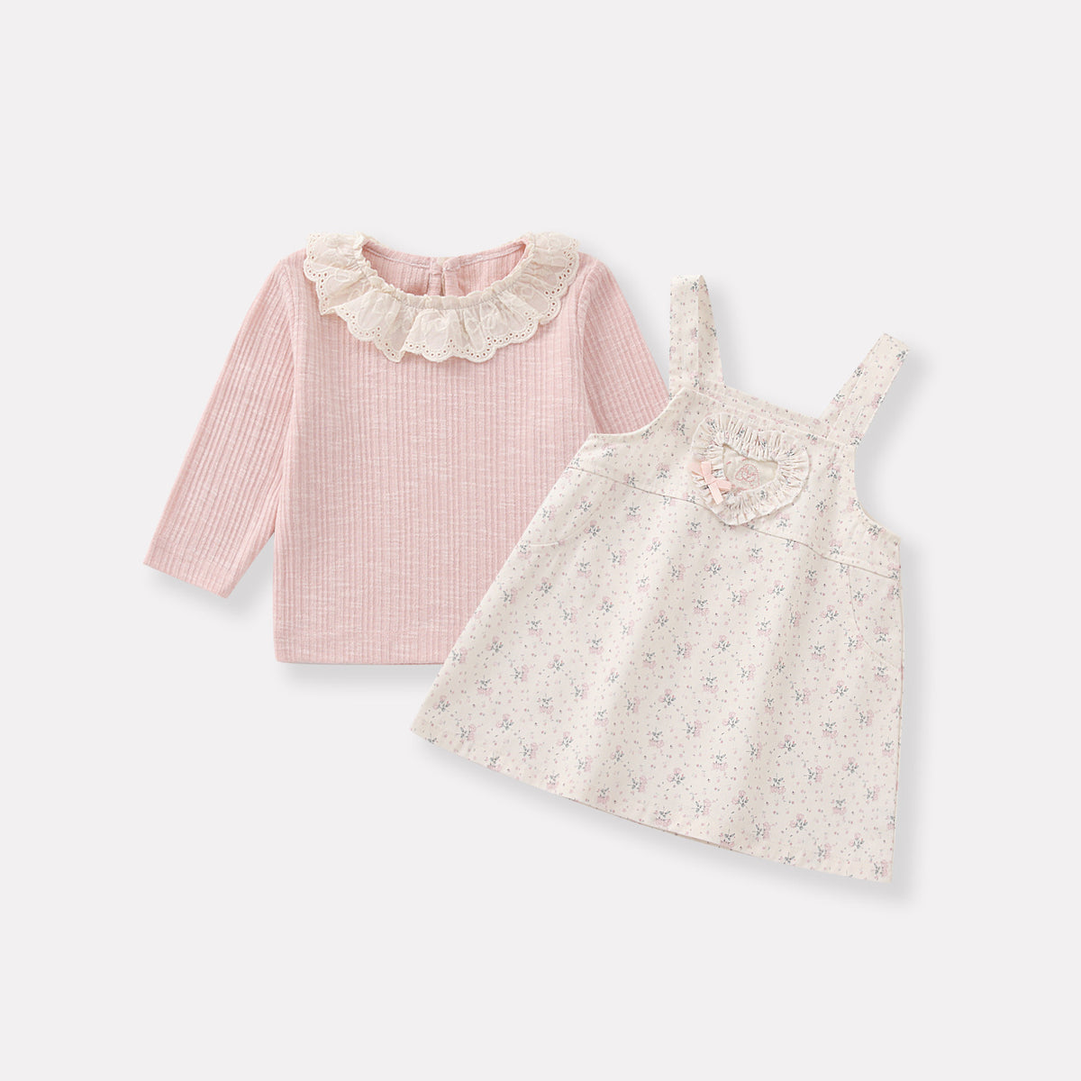 Ensemble robe salopette fleurie et d'une blouse rose pour bébé fille