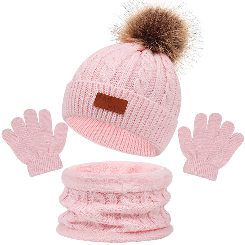 Ensemble bonnet à pompon, gants et tour de cou en maille pour enfant
